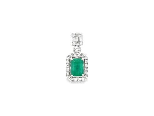 18K White Gold Pendant with Emerald-Cut Emerald, Baguette, and Round Natural Diamonds